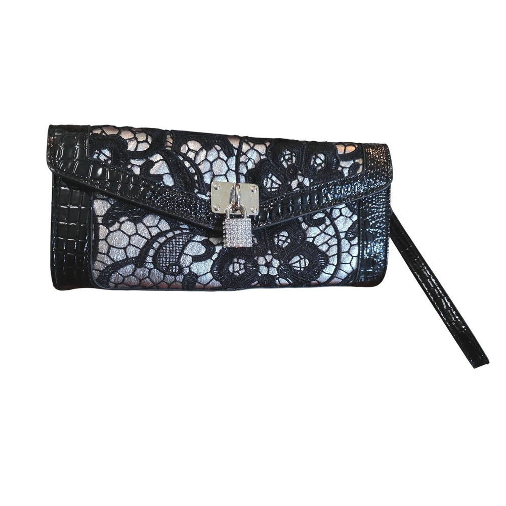 Koret Black vintage Crocodile Embossed Lace Clutch Wristlet with Mirror Charm‎